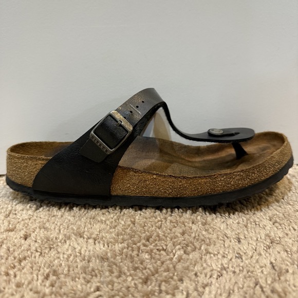 Birkenstock Gizeh‎ Sandals Shoes Womens Size 40 Black Leather Cork Thong Comfort - Picture 1 of 7
